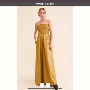 Anthropologie Faux Leather Smocked Wide Leg Jumpsuit